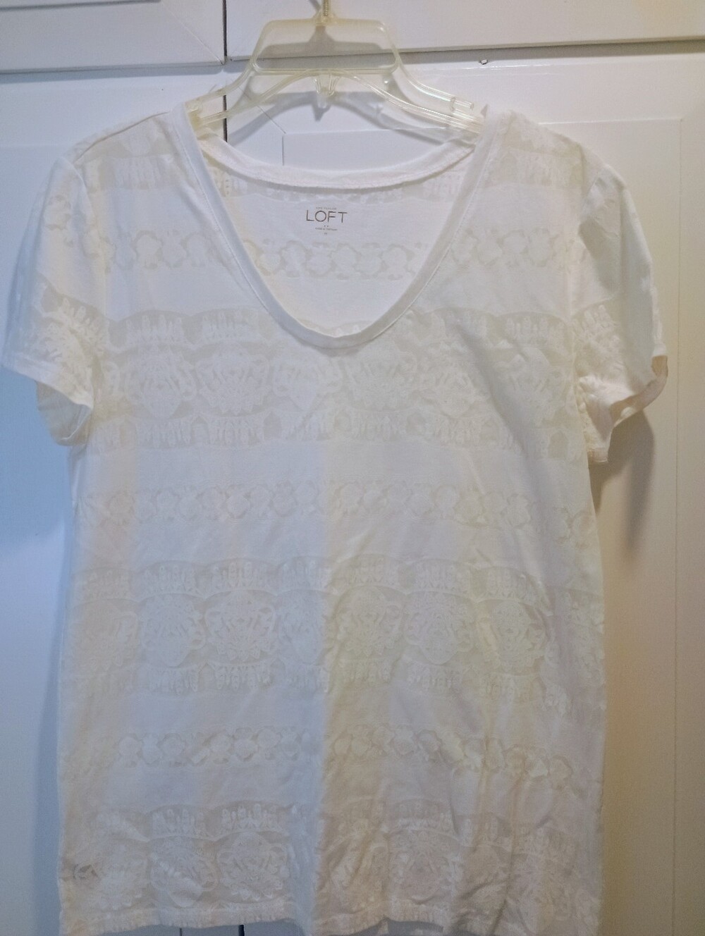 LOFT White Semi Sheer Short Sleeve Lace-Pattern Tee